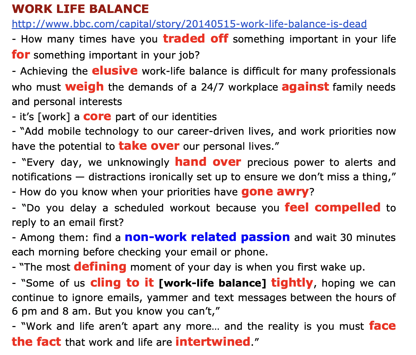 Key words and phrases - work-life balance