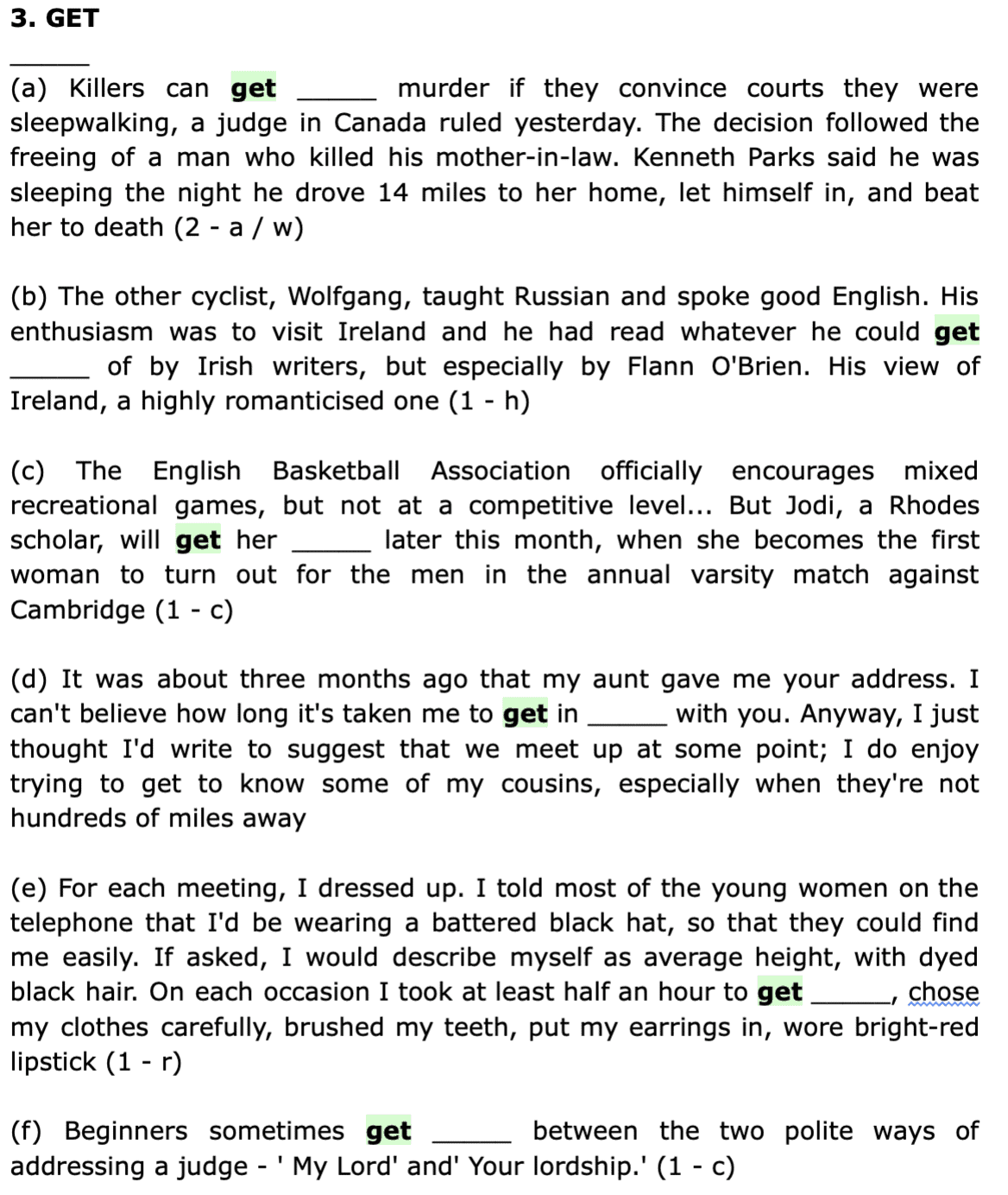 corpora sentences for the delexical verb 'get'