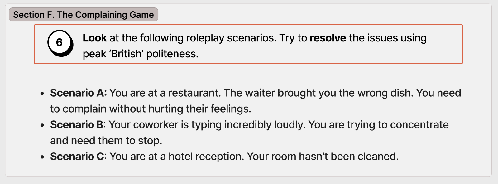 british-politeness-roleplay-scenarios roleplay scenarios. Resolving situations using British politeness